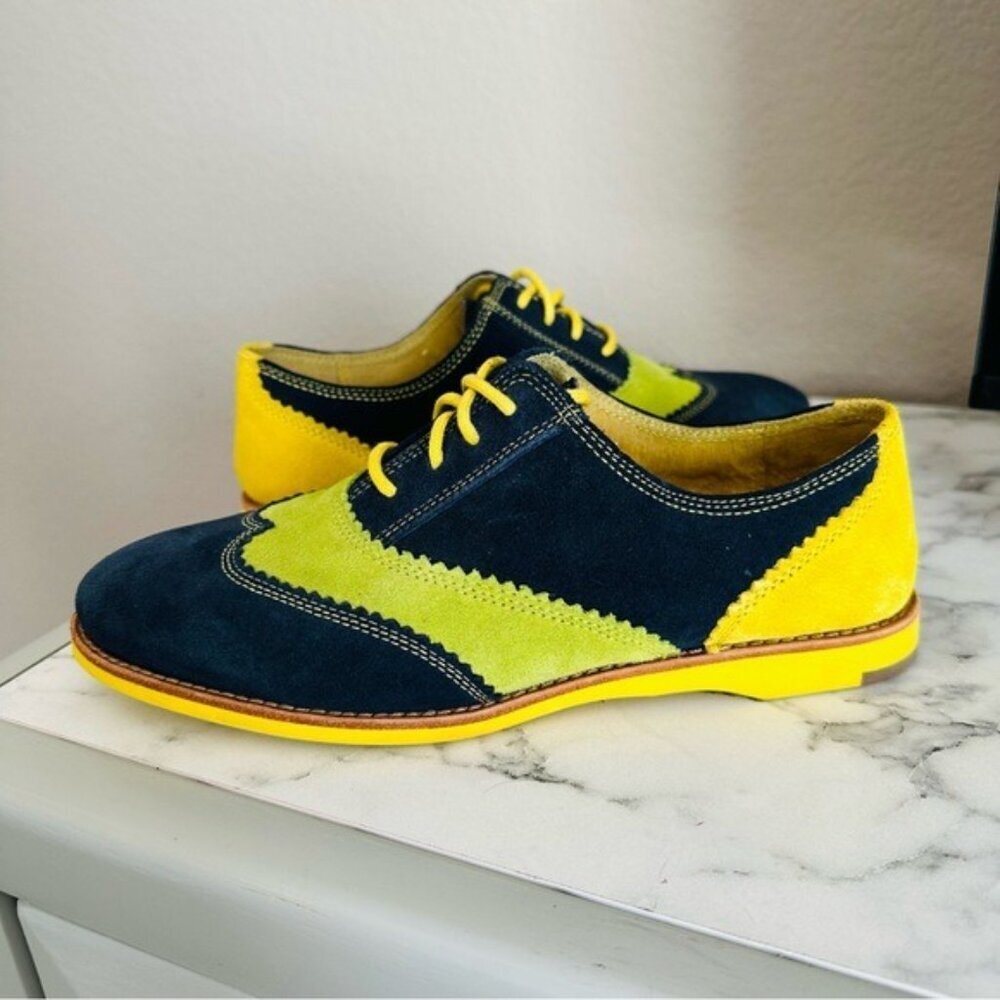 Johnston & Murphy Ladies Derby Oxford Shoes Blue Yellow Lime Green Suede Size 7 - Picture 2 of 12